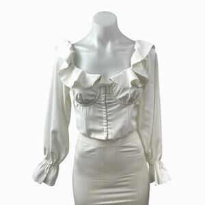 Victoria + Sophia Women's White Ruffled Long Sleeve Bustier Corset Crop Top Sz M